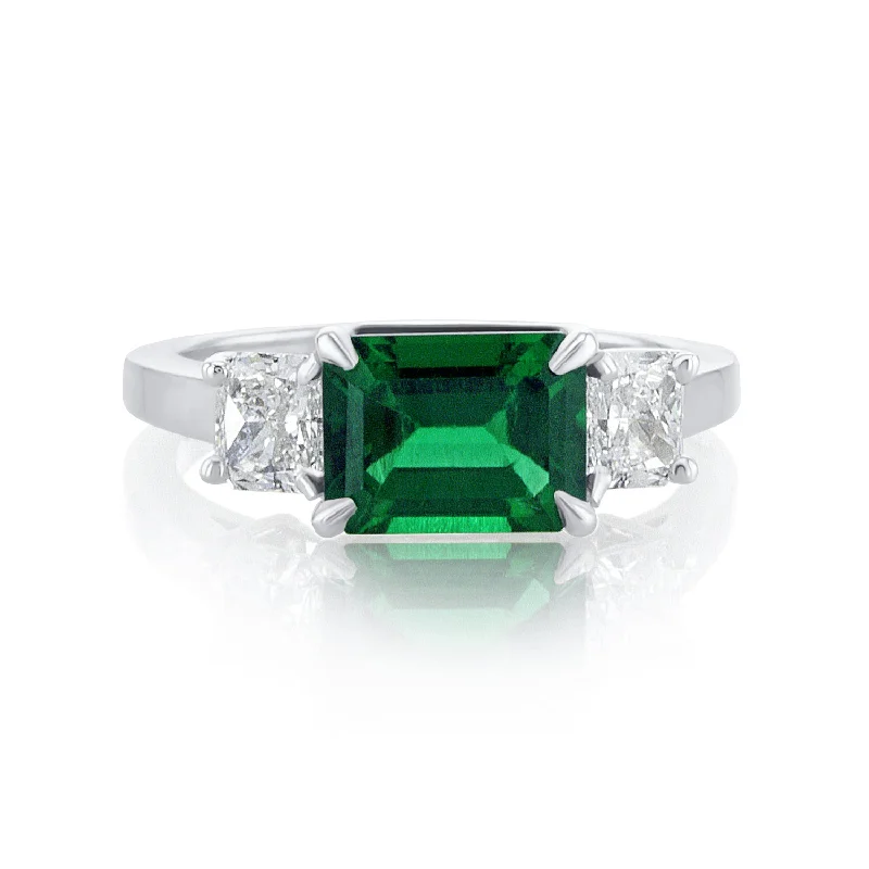 casual ladies ring-1.48 Carat Green Lab Grown Emerald & Natural Diamond 3 Stone Ring in 14K White Gold