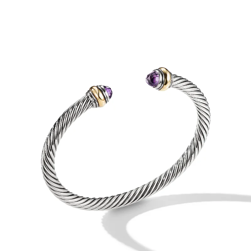 silver cuff bracelet-Classic Cable Bracelet in Sterling Silver with 14K Yellow Gold and Amethyst\, 5mm