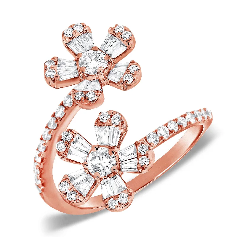 oversized ladies ring-14K Rose Gold Round and Baguette Diamond Flower Wrap Ring