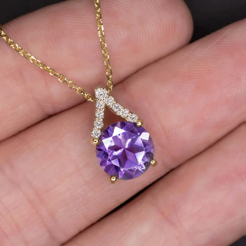 meaningful ladies necklace-AMETHYST NATURAL DIAMOND PENDANT YELLOW GOLD NECKLACE PURPLE FEBRUARY BIRTHSTONE