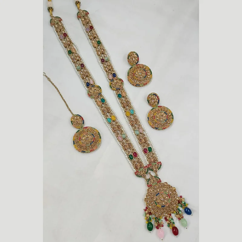 gemstone ladies necklace-Padmawati Bangles Gold Plated Crystal Stone And Pearls Long Necklace Set