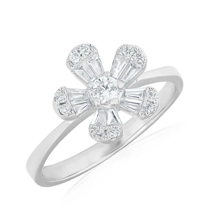 luxury diamond ladies ring-14K White Gold Baguette Diamond Small Flower Ring