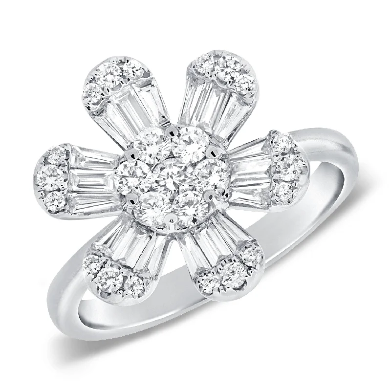 vintage-inspired gold ladies ring-14K White Gold Baguette & Round Diamond Large Flower Ring