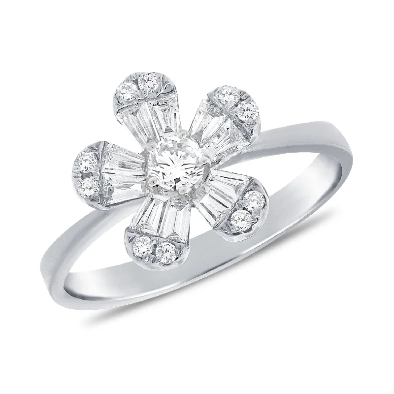 elegant silver ladies ring-14K White Gold Baguette Diamond Small Flower Ring