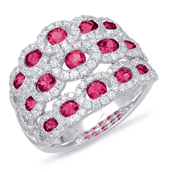 women’s fashion ring-14K White Gold Triple Row Ruby Fashion Ring