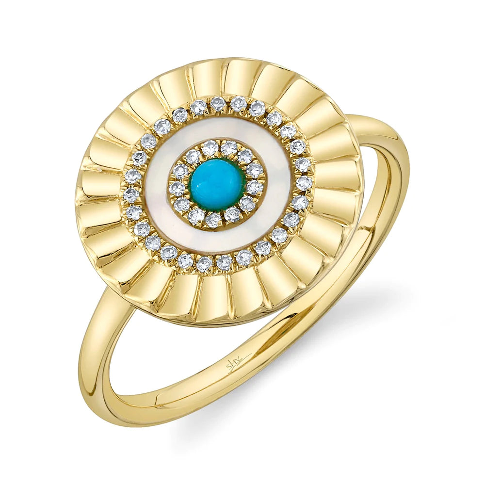 stackable ladies ring-14K Yellow Gold Composite Turquoise and Mother of Pearl Ring