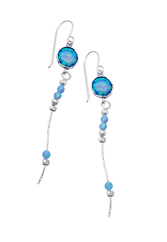 cubic zirconia stud earrings-Silver Long Silver Chain Opal Earrings