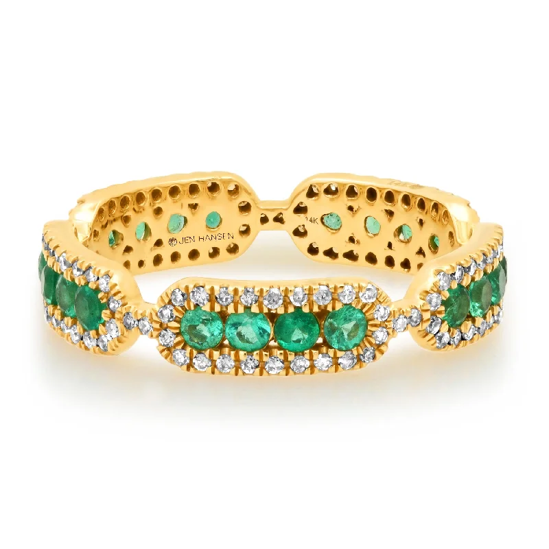 trendy cocktail ladies ring-CLASSY DIAMOND & EMERALD BAND, 14kt GOLD