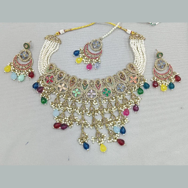 lock pendant ladies necklace-Rani Sati Jewels Gold Plated Crystal Stone And Beads Choker Necklace Set