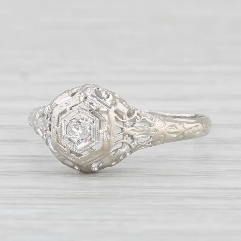 oval cut engagement ring-Art Deco Diamond Solitaire Engagement Ring 18k White Gold Filigree Size 8