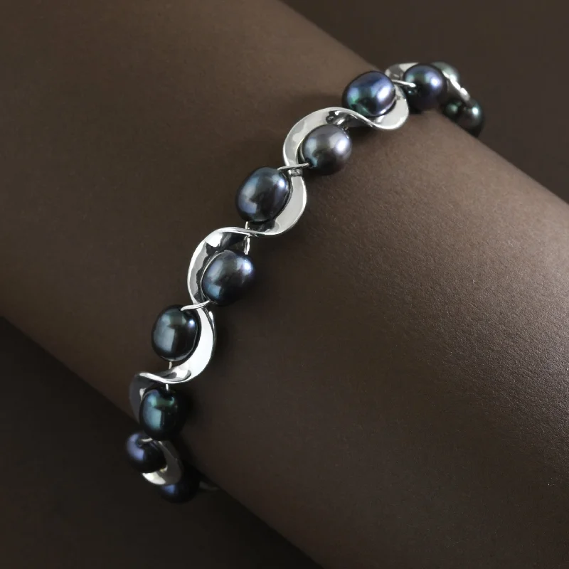 adjustable ladies bracelet-Black Pearl Ruffle Bracelet in Sterling Silver by Tom Kruskal