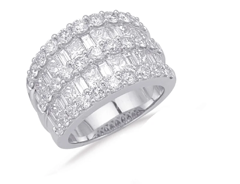 titanium ladies ring-14K White Gold Baguette + Round and Princess Cut Triple Row Diamond Fashion Ring