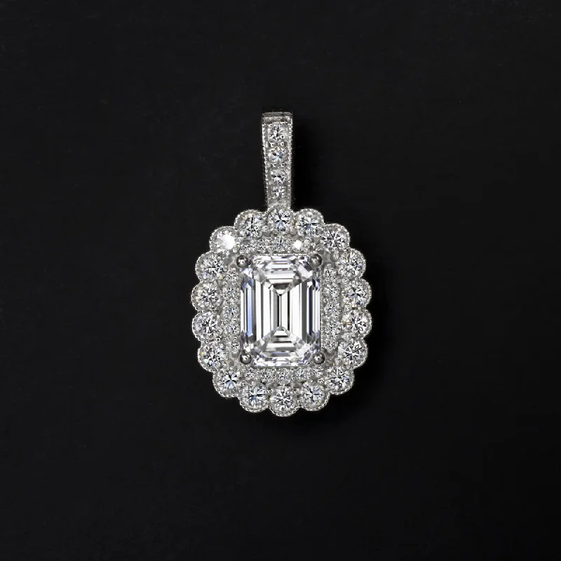 geometric pendant ladies necklace-LAB CREATED DIAMOND PENDANT 1ct EMERALD CUT SCALLOPED DOUBLE HALO NECKLACE 14k