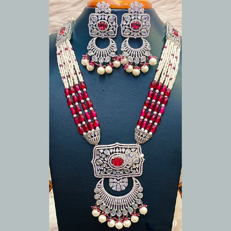 cubic zirconia ladies necklace-Jain Jewellers Silver Plated  AD And Pearl  Long  Necklace Set