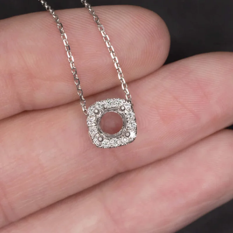 diamond ladies necklace-DIAMOND PENDANT 5mm ROUND SETTING CUSHION SEMI MOUNT HALO NECKLACE WHITE GOLD