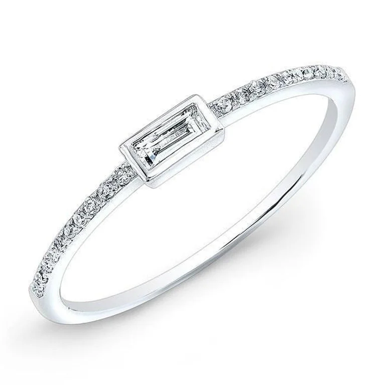 floral engraved ladies ring-14K White Gold Baguette Diamond Stackable Ring