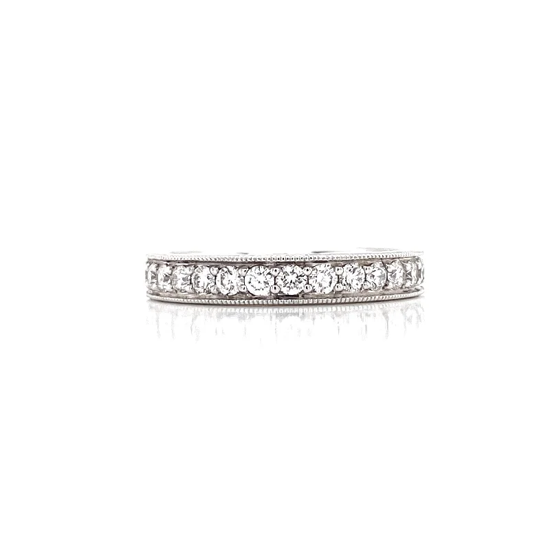 bohemian ladies ring-14K White Gold Diamond Milgrain Halfway Band