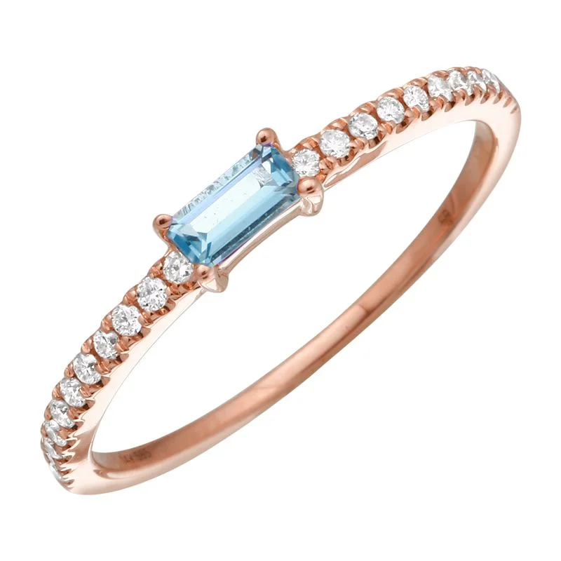 diamond ladies ring-14K Rose Gold Blue Topaz Diamond Stacking Ring