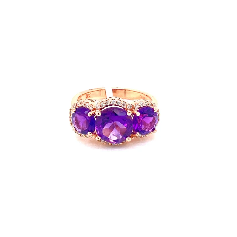 trendy ladies ring-14K Rose Gold Diamond + Triple Amethyst Ring