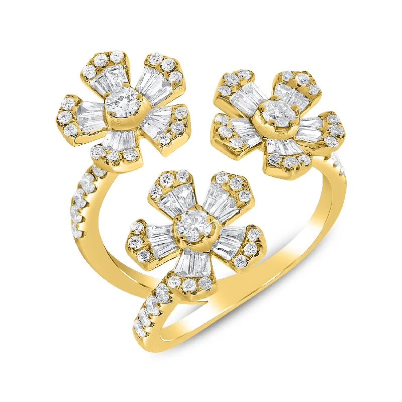 women’s statement ring-14K Yellow Gold Diamond Triple Flower Wrap Ring