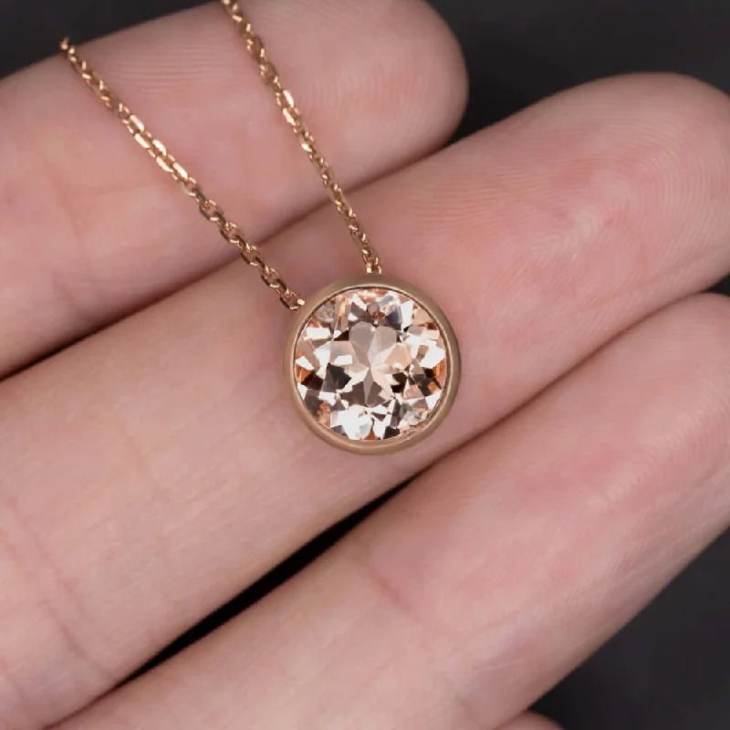 feather pendant ladies necklace-NATURAL MORGANITE PENDANT NECKLACE 8mm ROUND CUT 14k ROSE GOLD BEZEL PEACH PINK