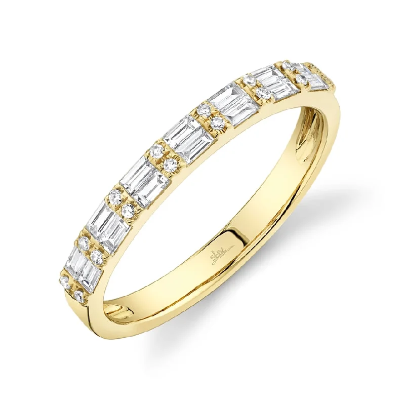 retro ladies ring-14K Yellow Gold Diamond Baguette + Round Diamond Band