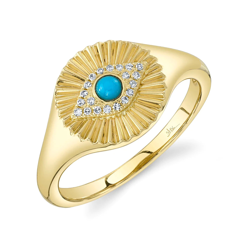 bold statement ladies ring-14K Yellow Gold Diamond and Turquoise Eye Fluted Signet Ring