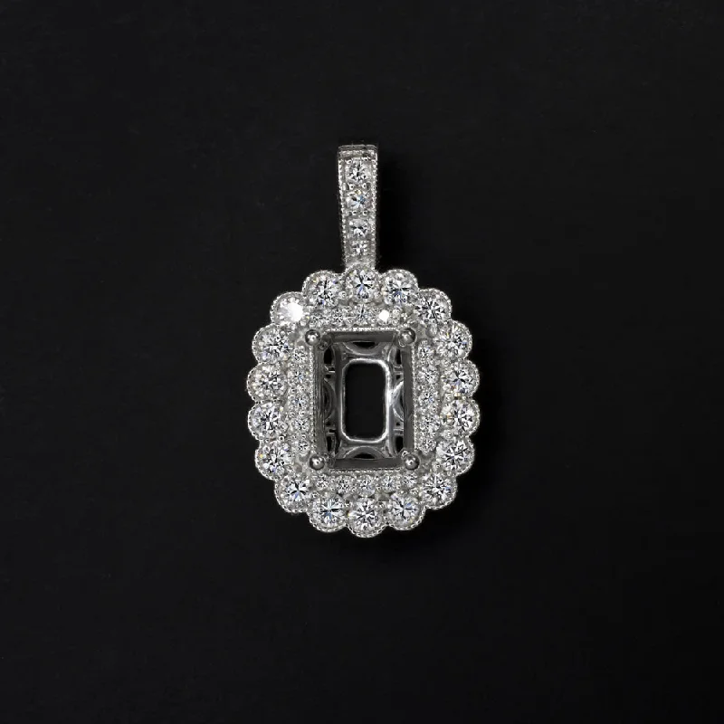 infinity ladies necklace-DIAMOND SEMI MOUNT PENDANT SETTING RADIANT EMERALD CUT SCALLOPED HALO NECKLACE