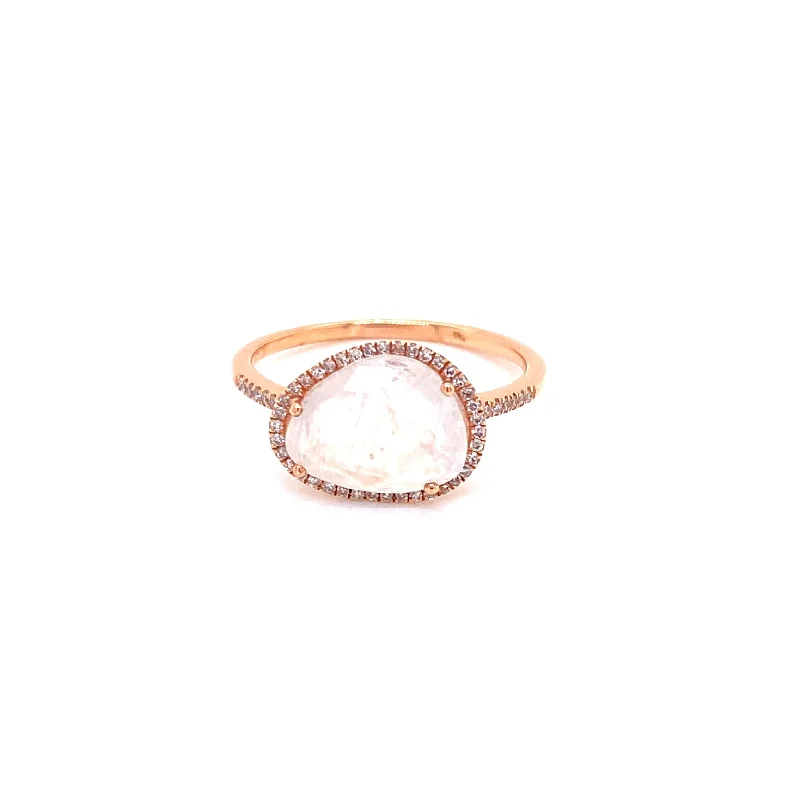 oversized ladies ring-14K Rose Gold Diamond + Rainbow Moonstone Ring