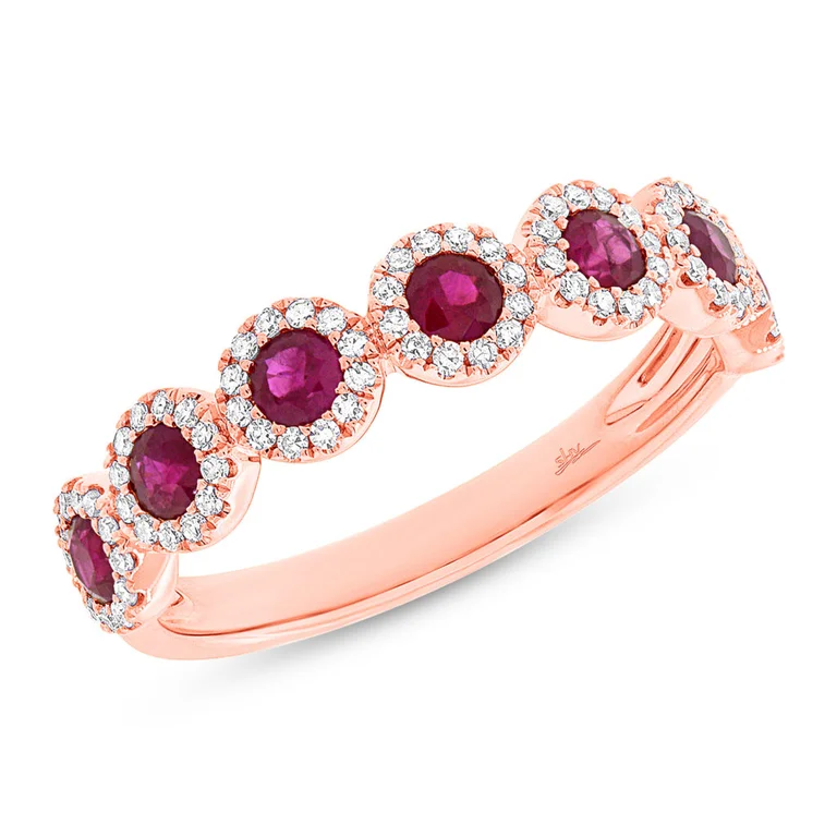 ladies engagement ring-14K Rose Gold Ruby Diamond Halo Band