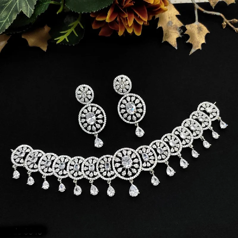 floral ladies necklace-Aamrapali Silver Plated AD Necklace Set