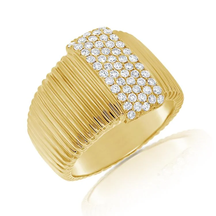 women’s fashion stacking ring-14K Yellow Gold Pave Diamond Ribbed Ring