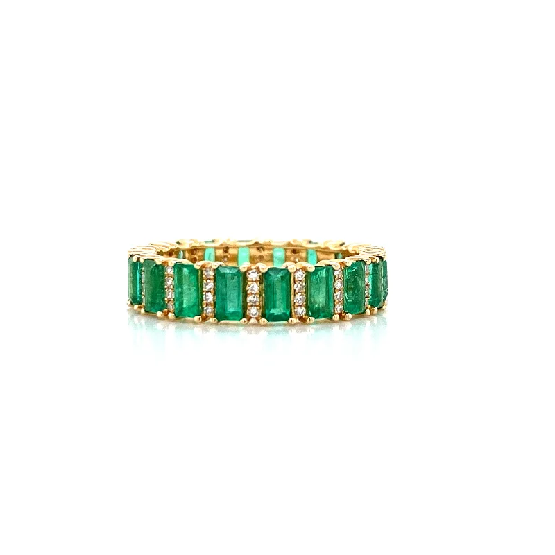 stylish ladies ring-14K Yellow Gold Diamond + Emerald Eternity Ring