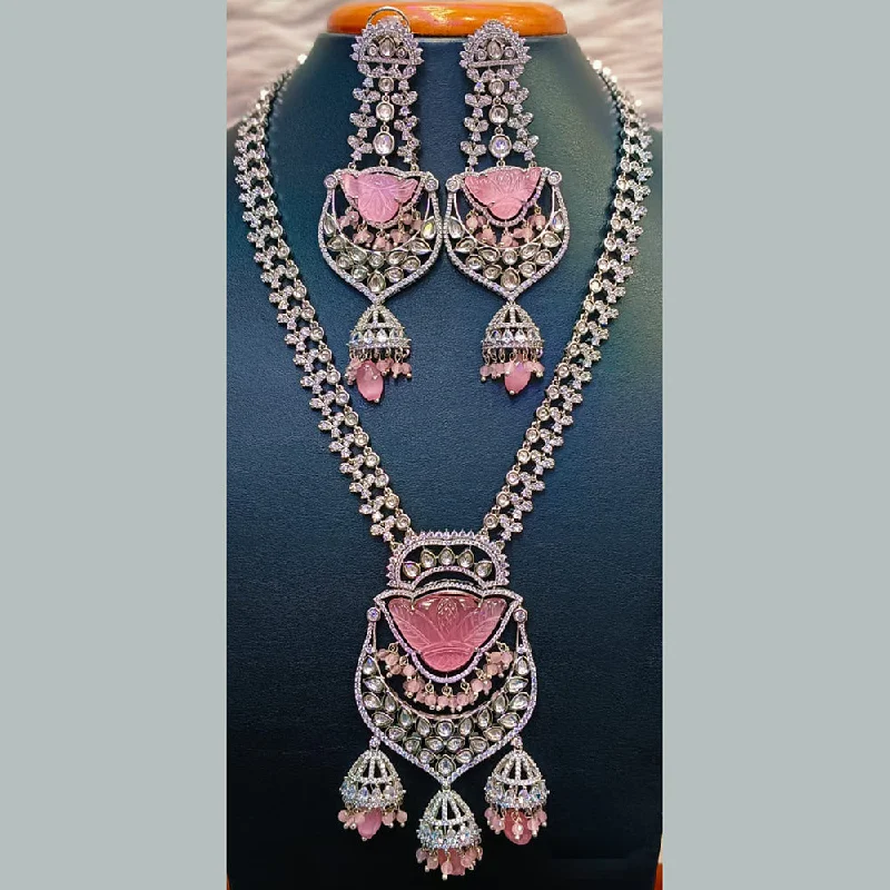 birthstone ladies necklace-Jain Jewellers Silver Plated  AD And Kundan Long  Necklace Set