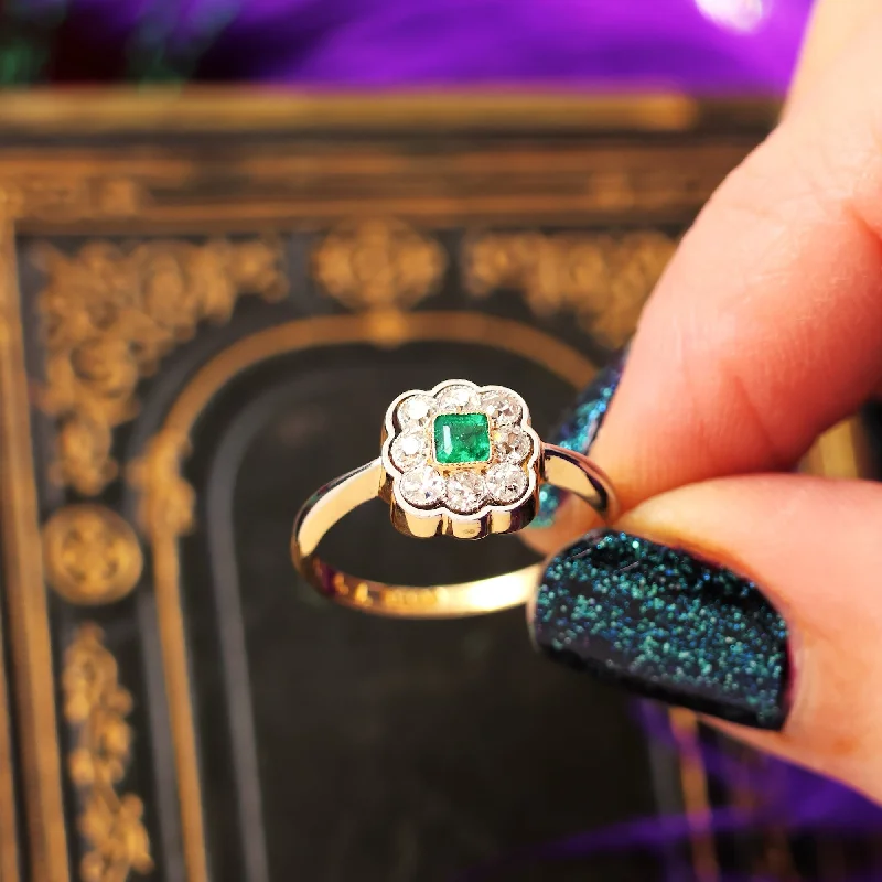 double-band engagement ring-Vintage Perfection! Emerald & Diamond Engagement Ring