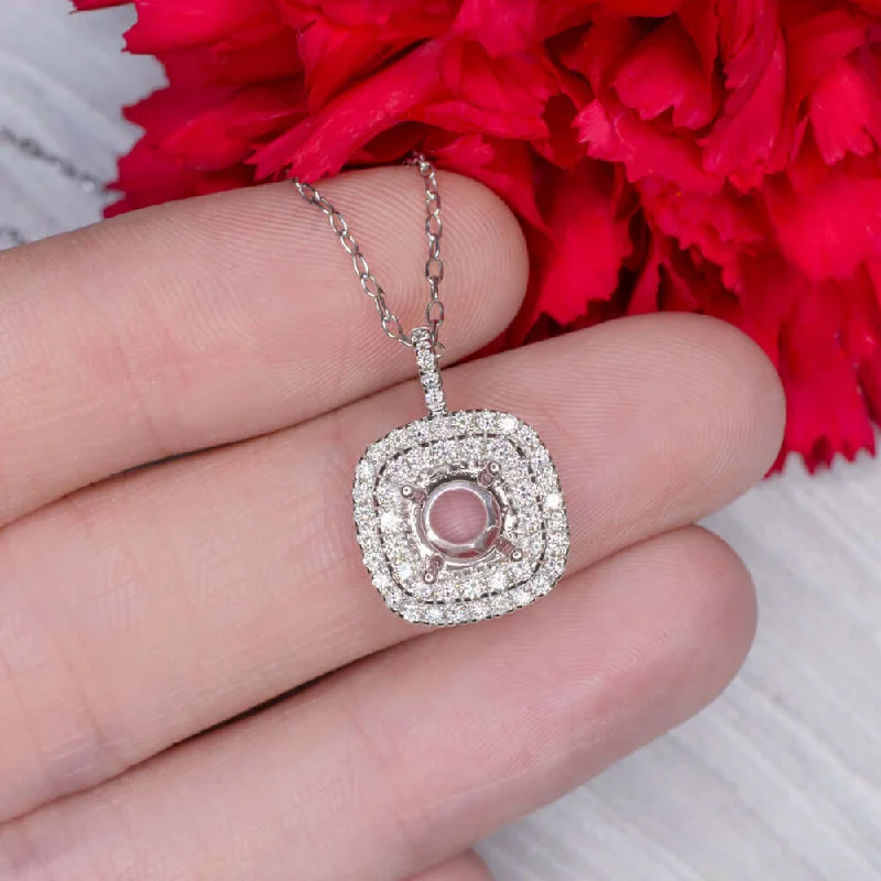 fashion ladies necklace-DIAMOND PENDANT 7mm ROUND SETTING CUSHION SHAPE SEMI MOUNT DOUBLE HALO NECKLACE