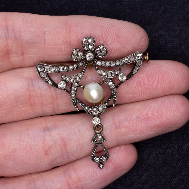 classic ladies necklace-VICTORIAN SALTWATER PEARL DIAMOND PIN PENDANT ANTIQUE NECKLACE OLD CUT 1800s