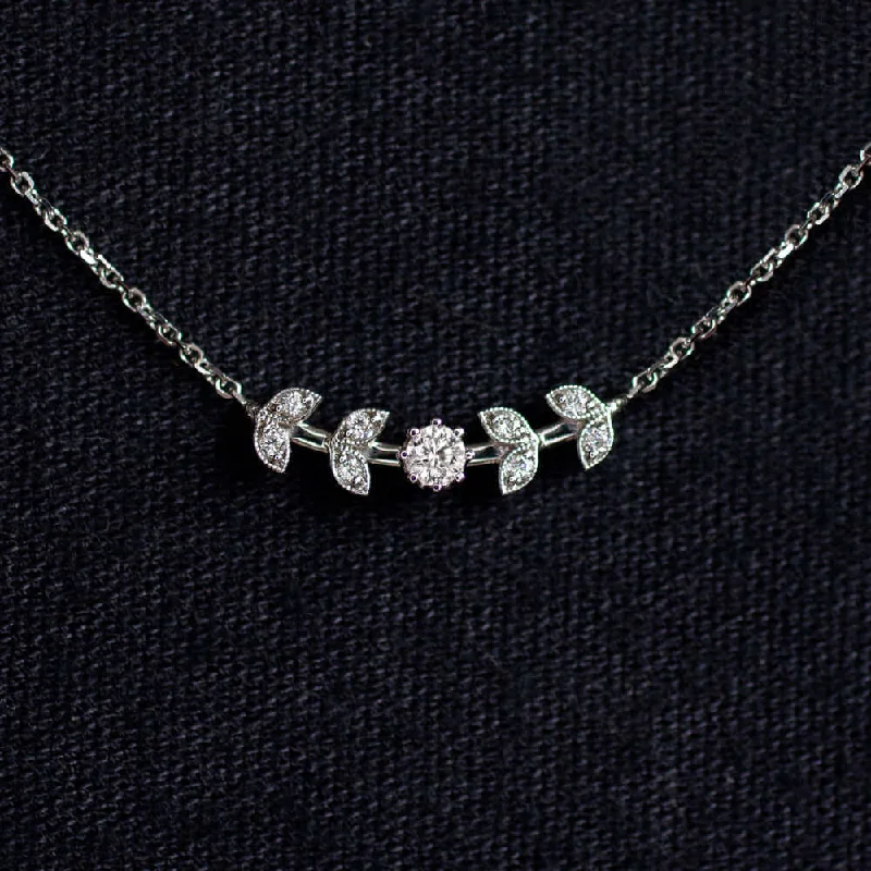 vintage ladies necklace-NATURAL DIAMOND FLORAL NECKLACE DAINTY PENDANT WHITE GOLD BRANCH LEAF PENDANT WG