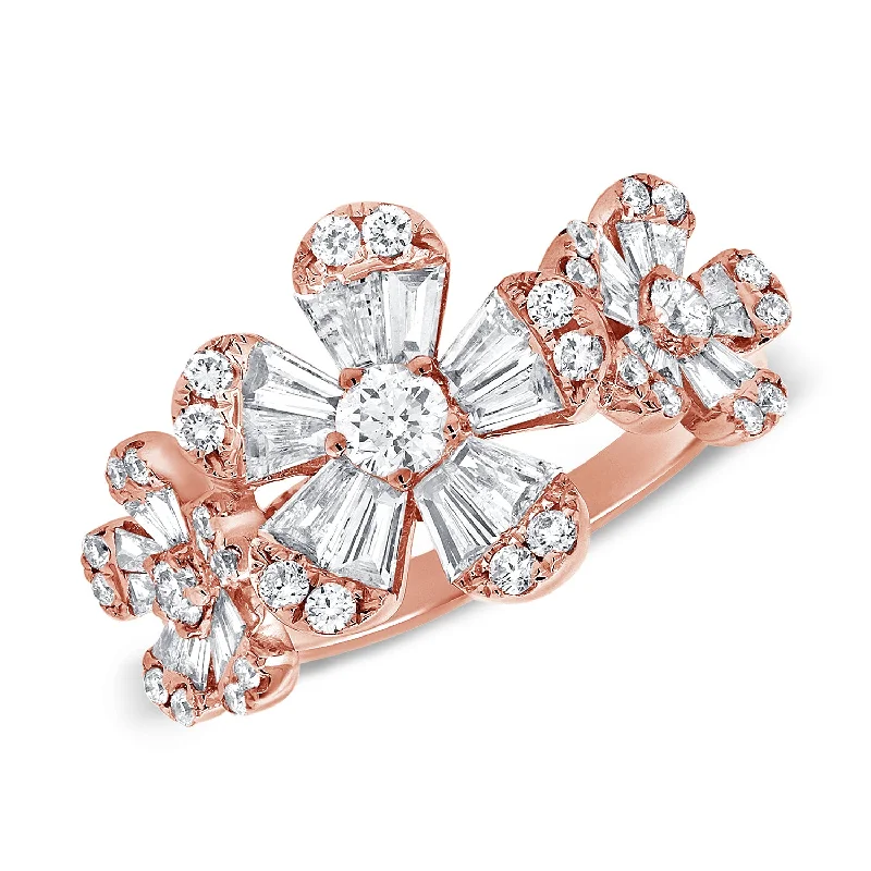 women’s fashion stacking ring-14K Rose Gold Diamond Triple Baguette Flower Ring