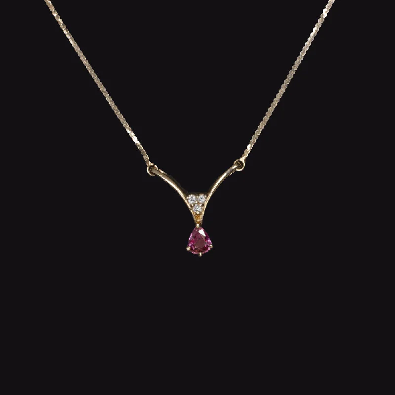 casual ladies necklace-PINK SAPPHIRE DIAMOND NECKLACE V SHAPE PENDANT 14k YELLOW GOLD DAINTY PEAR CUT