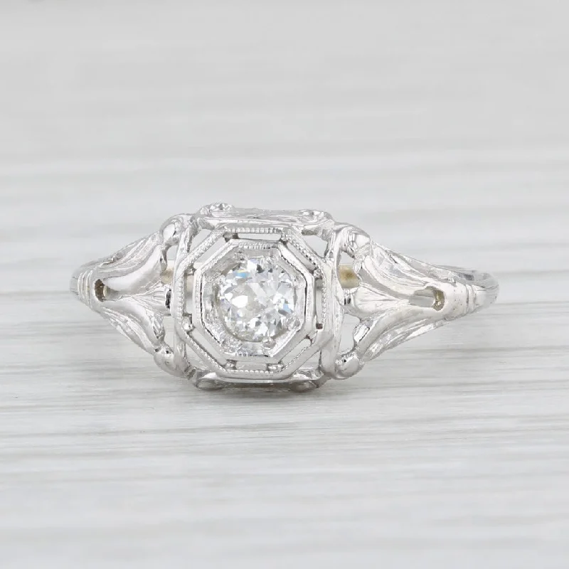 princess cut engagement ring-Art Deco 0.18ct Diamond Solitaire Engagement Ring 18k White Gold Filigree Size 5