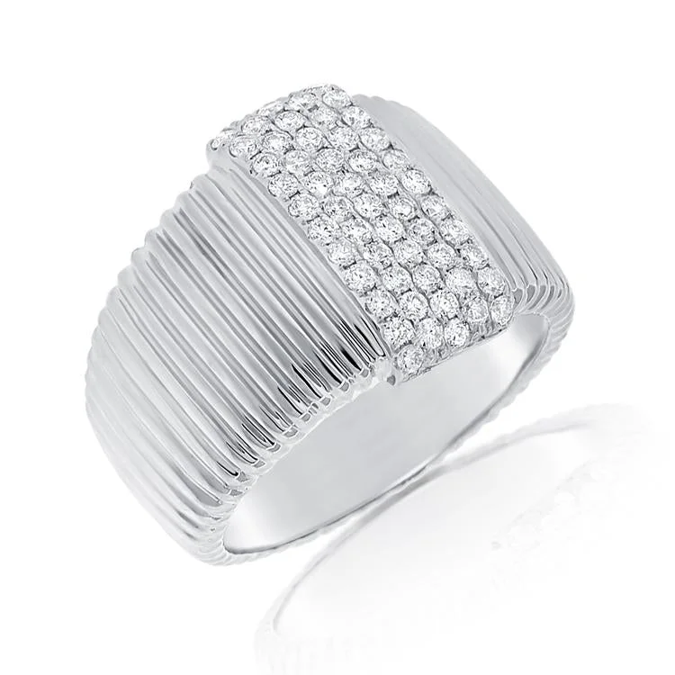 boho silver ladies ring-14K White Gold Pave Diamond Ribbed Ring