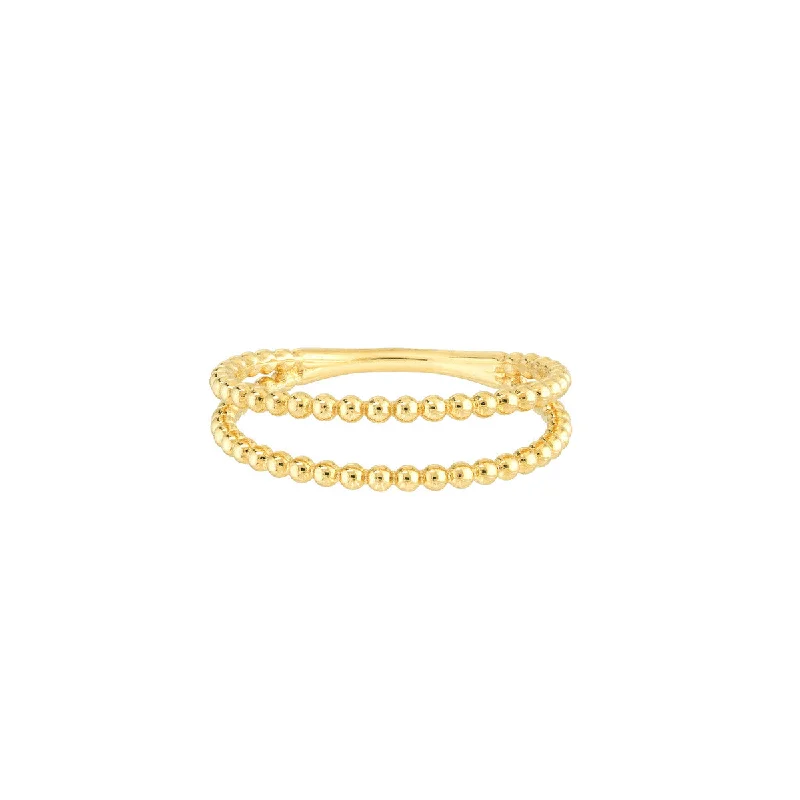 artistic ladies ring-14K Yellow Gold Beaded Double Band Ring