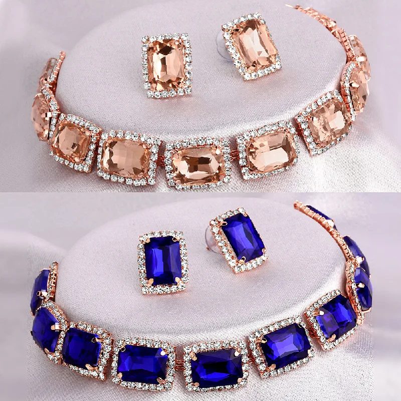 celestial moon ladies necklace-Shrishti Fashion Pretty Squire Peach And Blue Rose Gold Plated Set Of 2 Collar Necklace Set Combo For Women