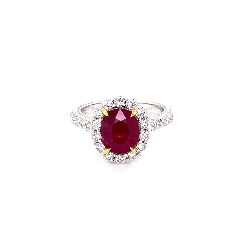 filigree ladies ring-18K White & Yellow Gold Diamond + Oval Ruby Ring