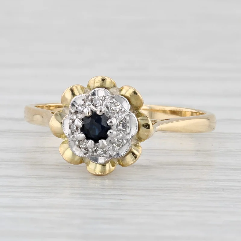 thin band engagement ring-0.20ctw Blue Sapphire Diamond Halo Ring 18k Yellow Gold 7.25 Vintage Engagement