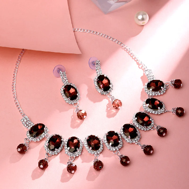 romantic ladies necklace-Shrishti Fashion Brilliant Oval Shape Maroon Stone Silver Plated Choker Necklace Set For Women