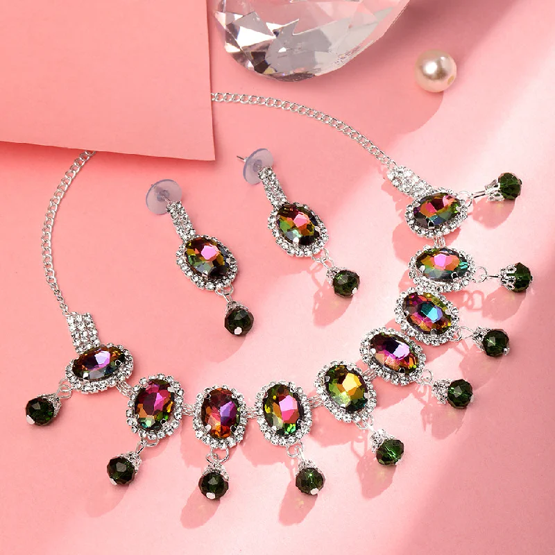 simple ladies necklace-Shrishti Fashion Creative Oval Shape Multi Stone Silver Plated Choker Necklace Set For Women