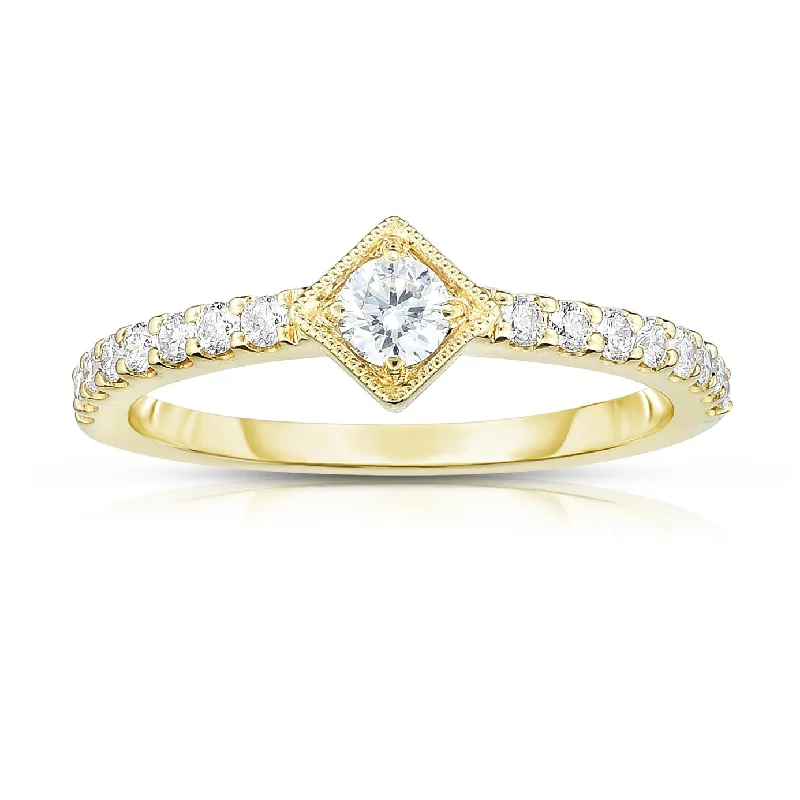 engraved ladies ring-14K Yellow Gold Diamond Square Center Stackable Ring