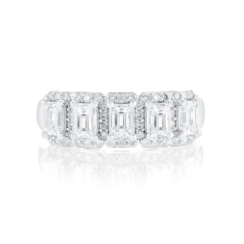 designer ladies ring-1.25 Cttw Emerald Cut Diamond Halo 14K White Gold Band